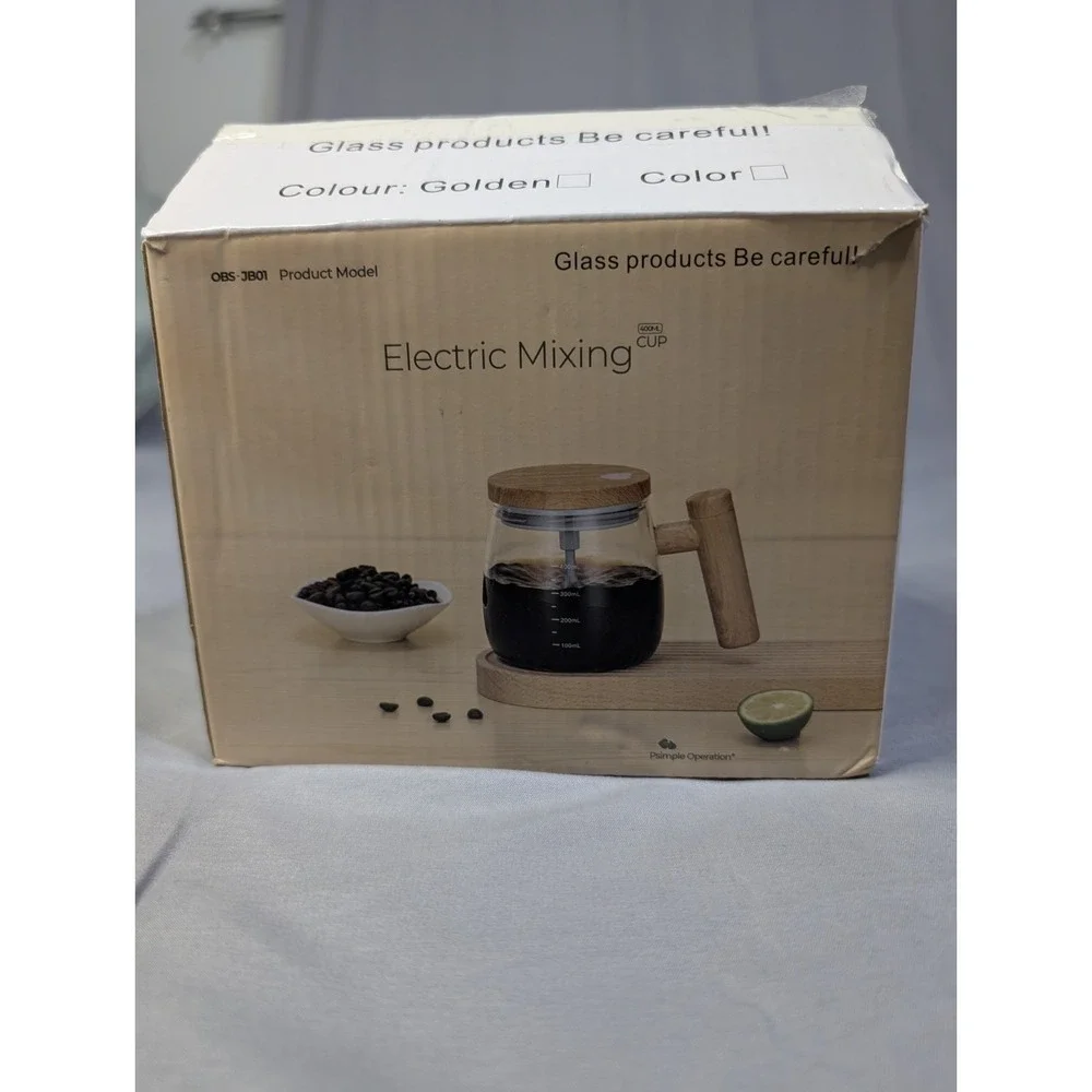 Electric Self Stirring Coffee Mug Glass Mixing Cup 400ml Auto Mixer Wooden Handl